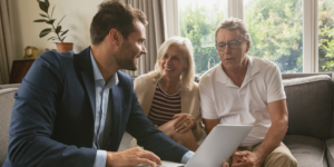 An estate planning lawyer talks to an old couple